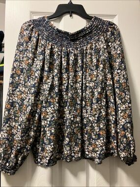 Sonoma Navy Floral Smocked Yoke Peasant Blouse
